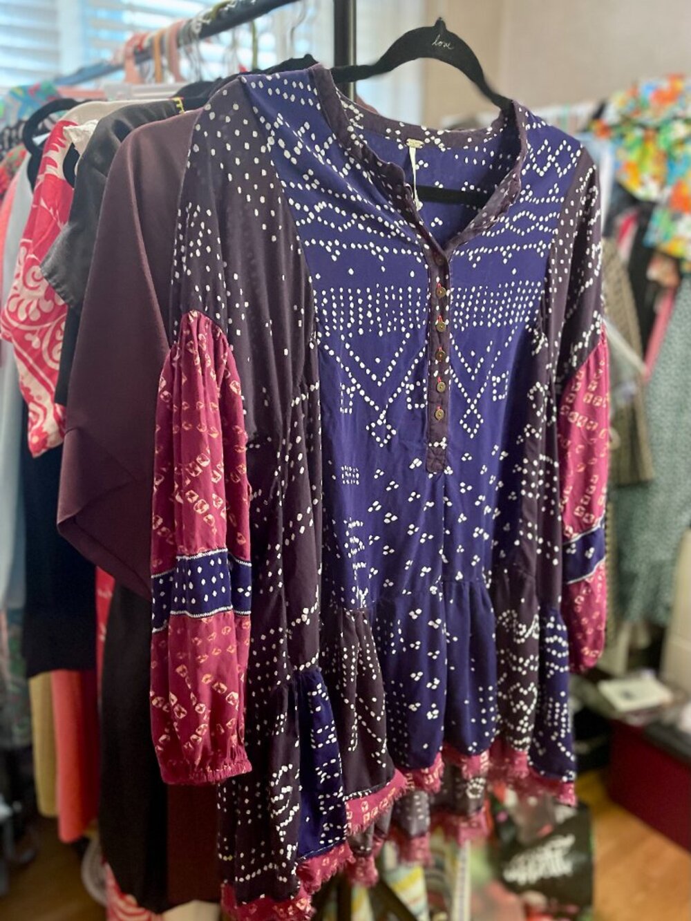 Free People Shibori Balloon Sleeve Printed Bohemian Tunic Top